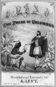 Black and white Tobacco label showing a Native American presenting Christopher Columbus with a sheaf of tobacco leaves. Three monkeys, a dog, and a rabbit are smoking on a branch above.